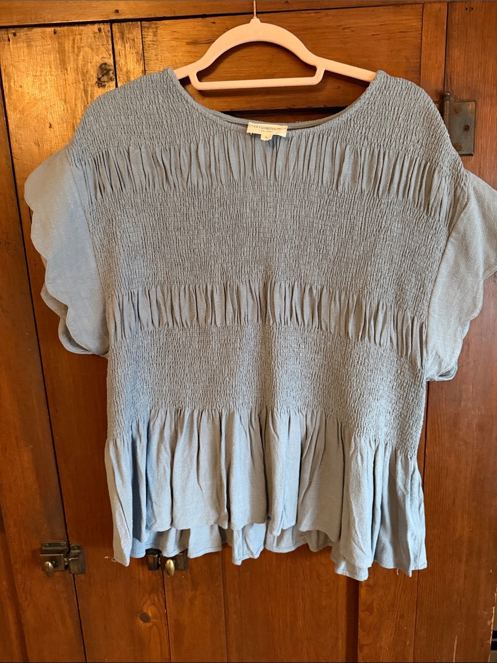 Umgee Light Blue Smocked Peplum Flutter Sleeve Top